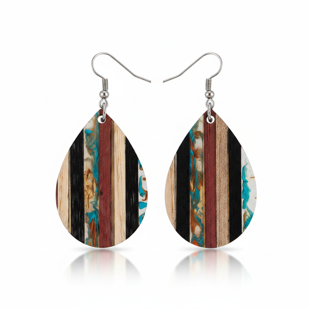 Multi-Colored Resin & Wood Silvertone Striped Teardrop Hook Earrings