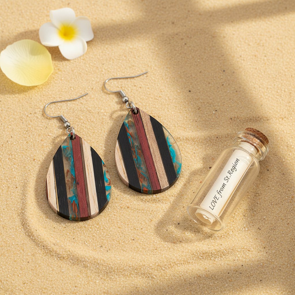 Multi-Colored Resin & Wood Silvertone Striped Teardrop Hook Earrings