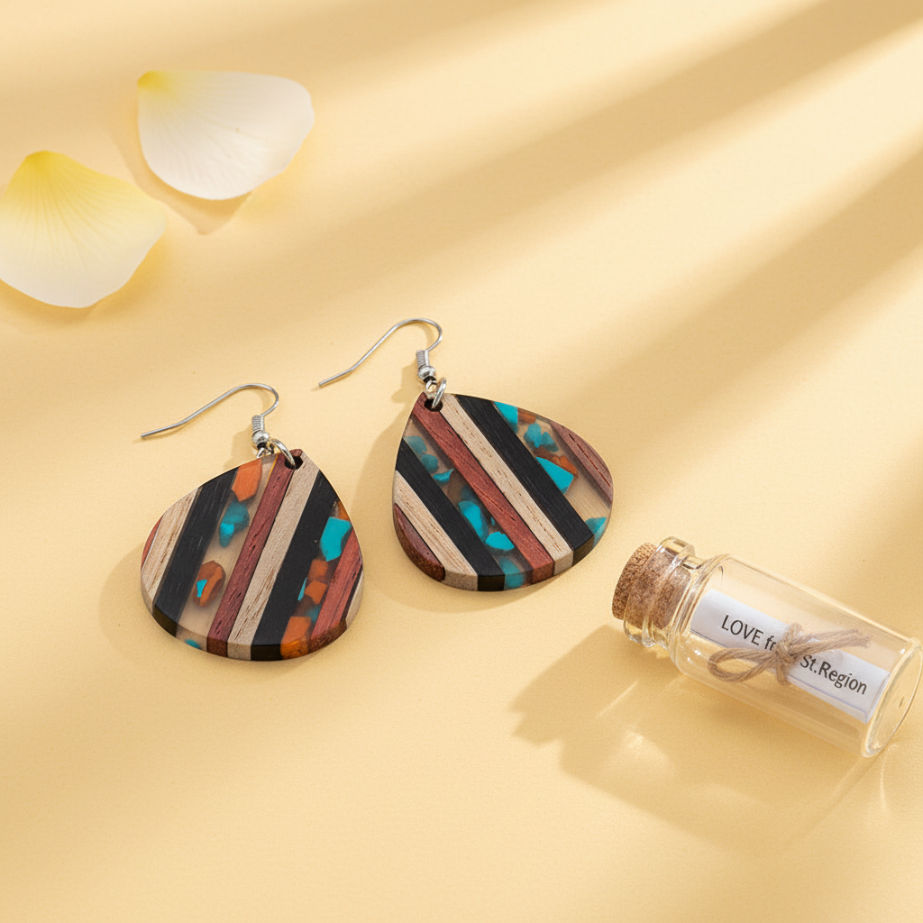 Multi-Colored Resin & Wood Silvertone Striped Pear Hook Earrings