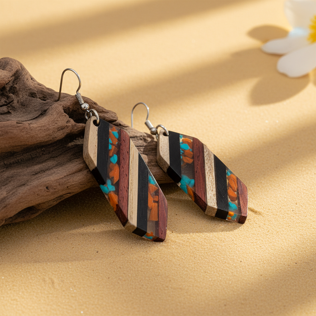 Multi-Colored Resin & Wood Silvertone Striped Hexagonal Hook Earrings