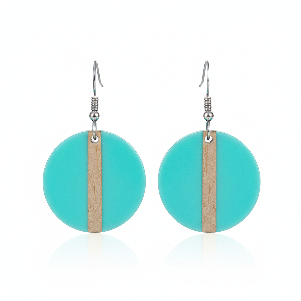Light Blue Resin & Wood Silvertone Round Hook Earrings