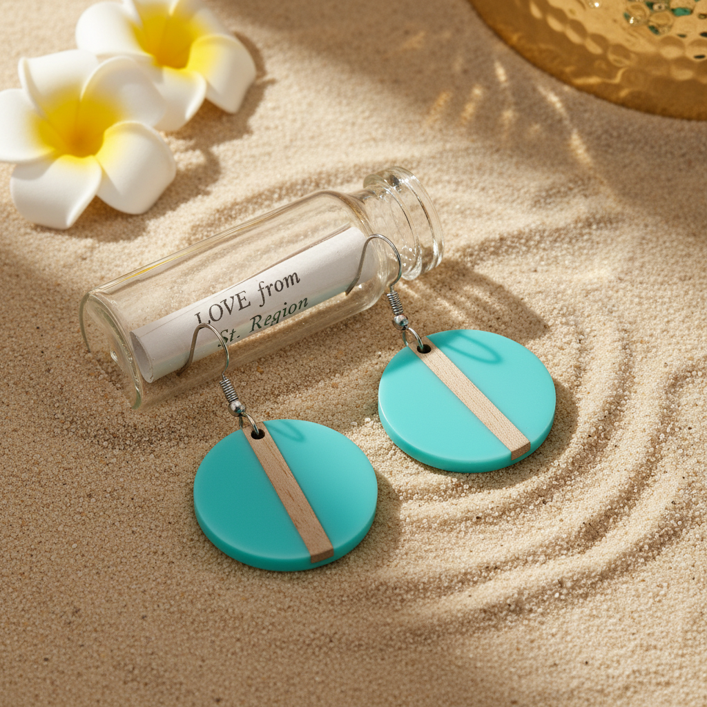 Light Blue Resin & Wood Silvertone Round Hook Earrings