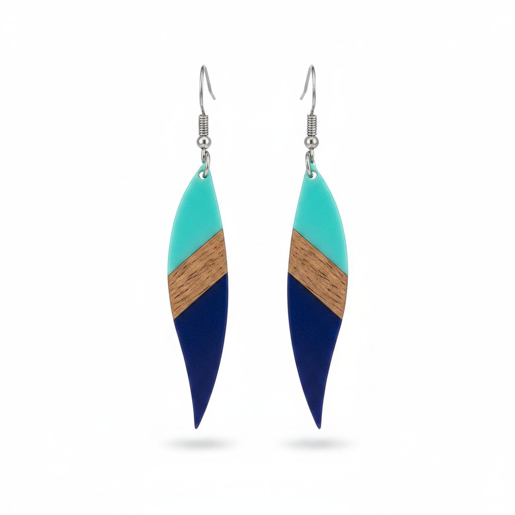Mint Green & Navy Resin Wood Silvertone Color-Block Leaf Hook Earrings