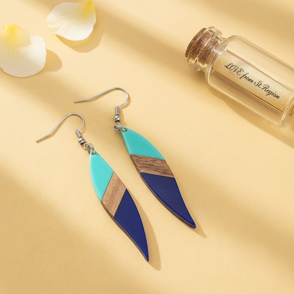 Mint Green & Navy Resin Wood Silvertone Color-Block Leaf Hook Earrings
