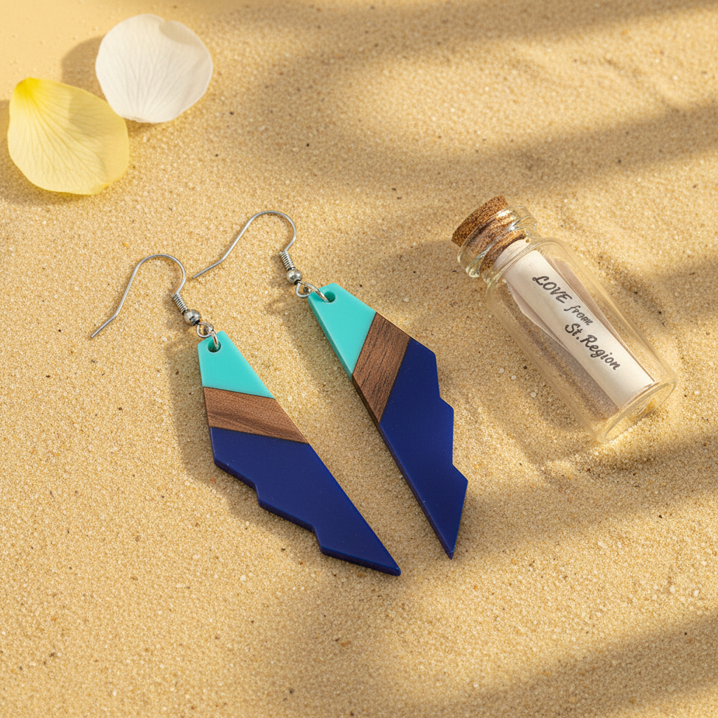 Mint Green & Navy Resin Wood Silvertone Color-Block Wing Hook Earrings