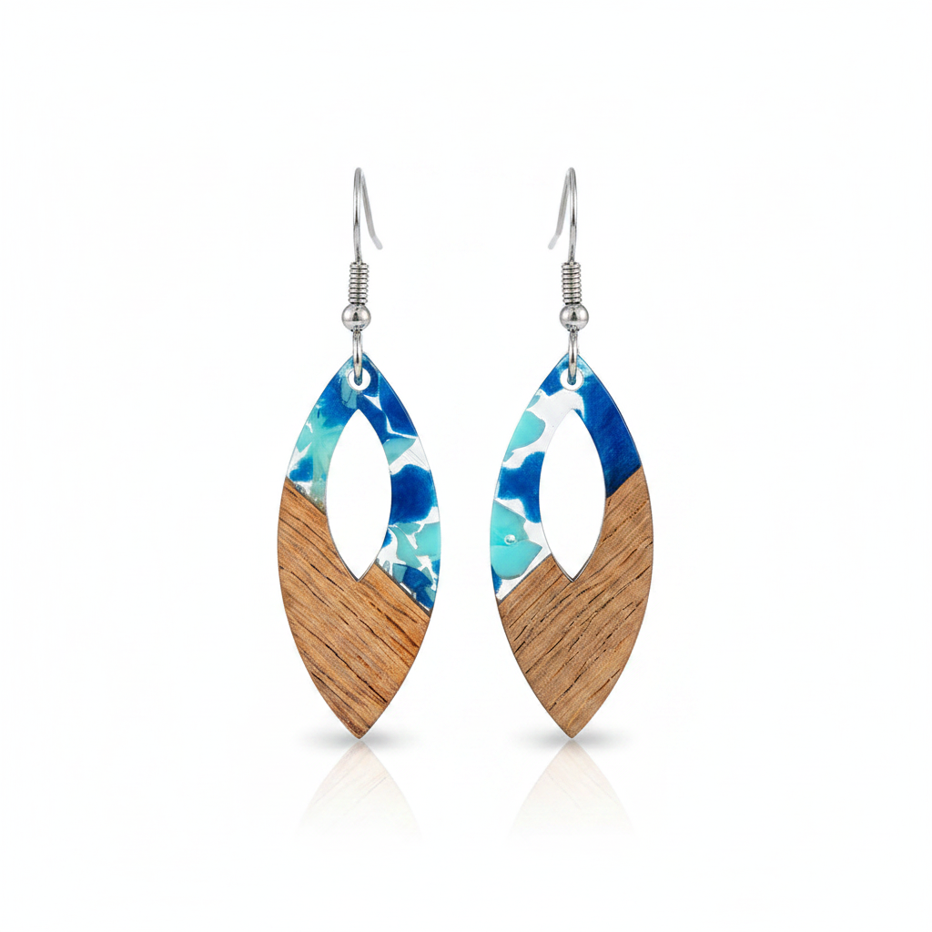 Navy Resin & Wood Silvertone Leopard Print Leaf Hook Earrings