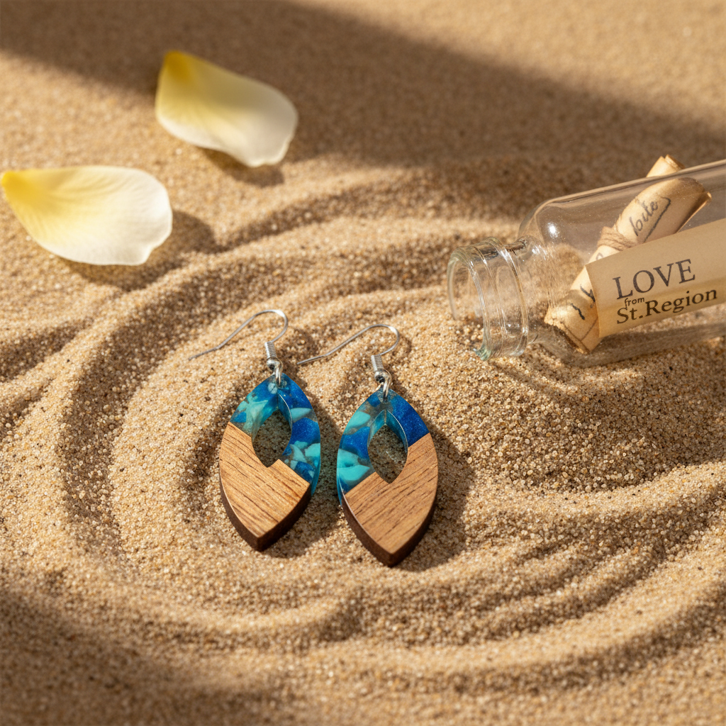 Navy Resin & Wood Silvertone Leopard Print Leaf Hook Earrings