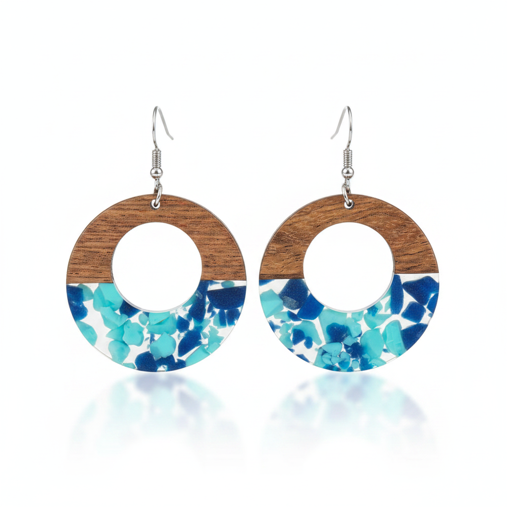 Navy Resin & Wood Silvertone Leopard Print Circular Hook Earrings