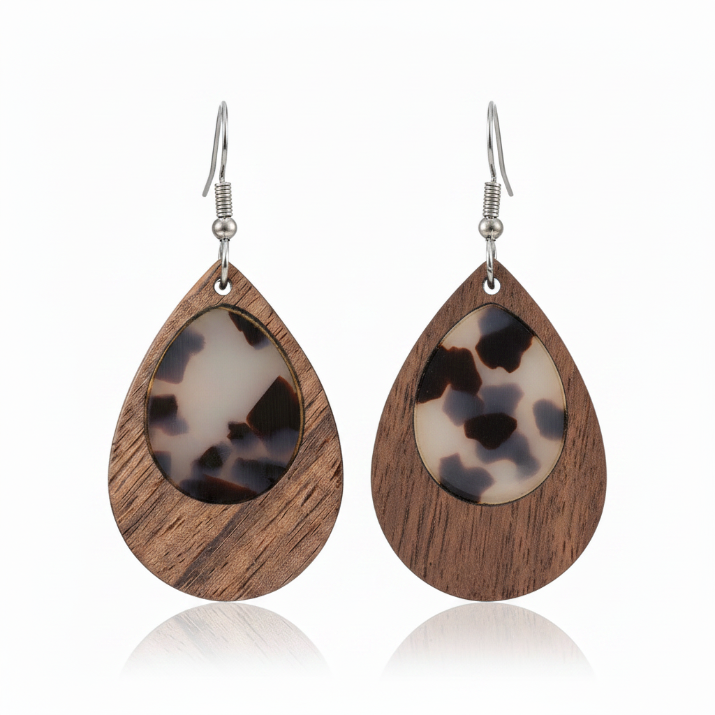 Brown Resin & Wood Silvertone Leopard Print Teardrop Hook Earrings