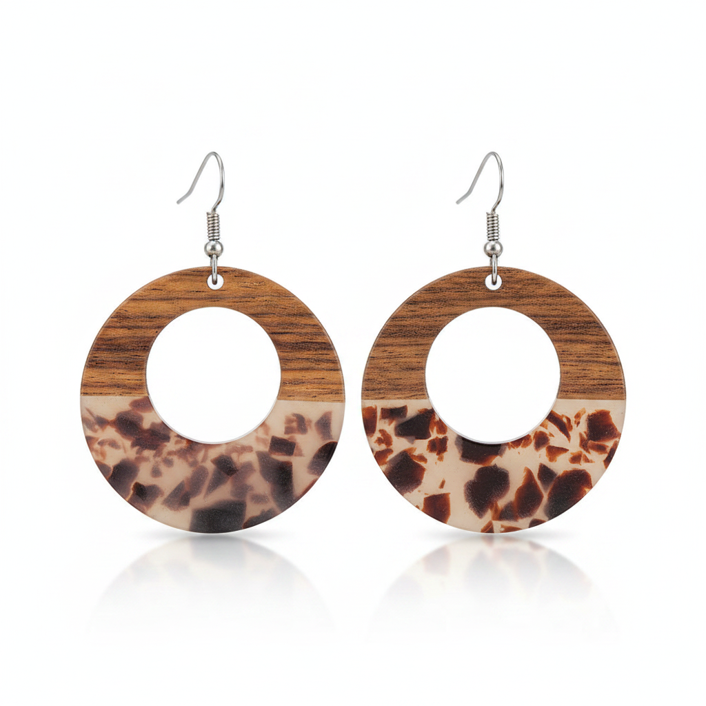 Brown Resin & Wood Silvertone Leopard Print Open Round Hook Earrings