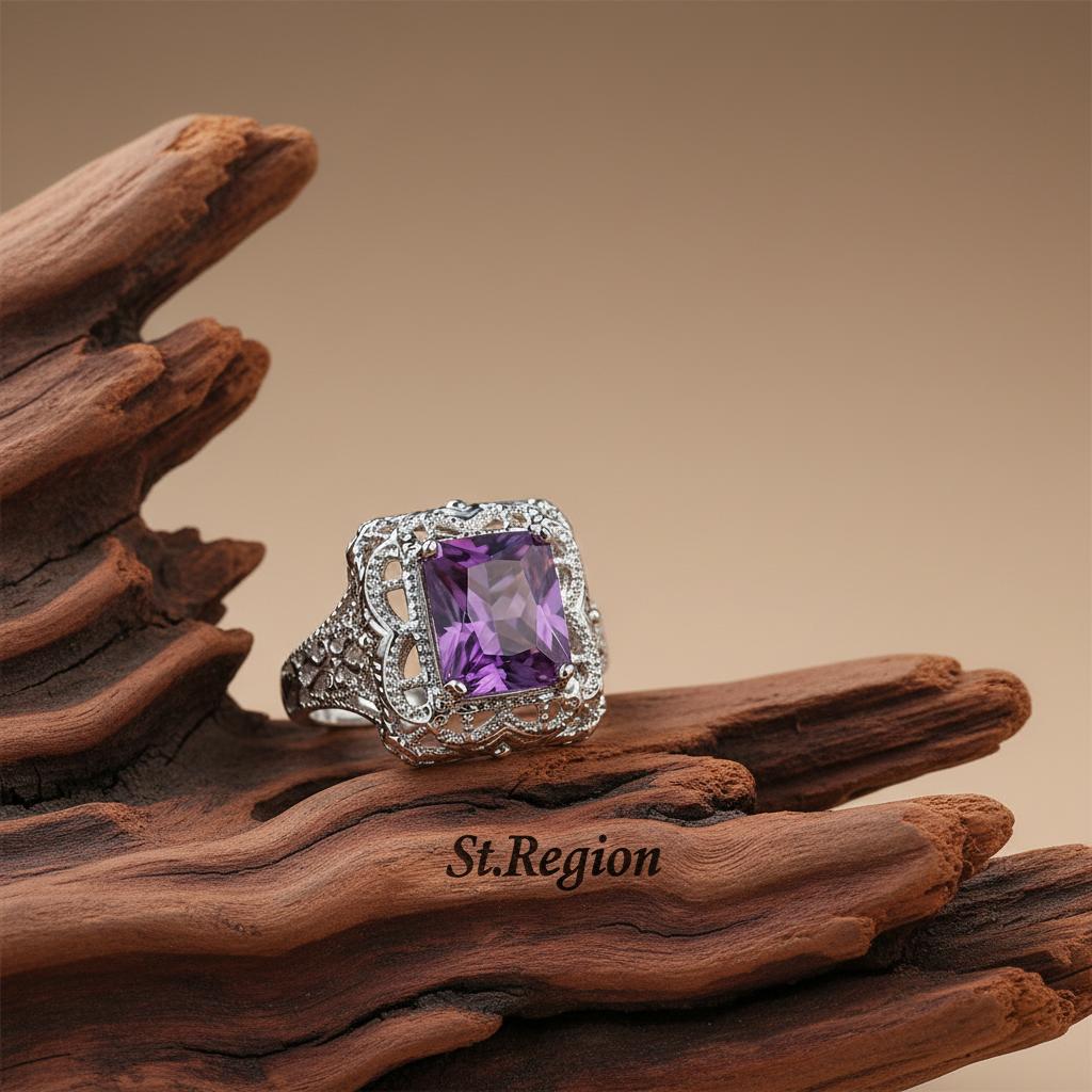 Purple Crystal & Silver-Plated Radiant-Cut Ring