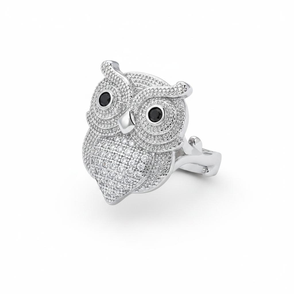 Cubic Zirconia & Silver-Plated Owl Ring