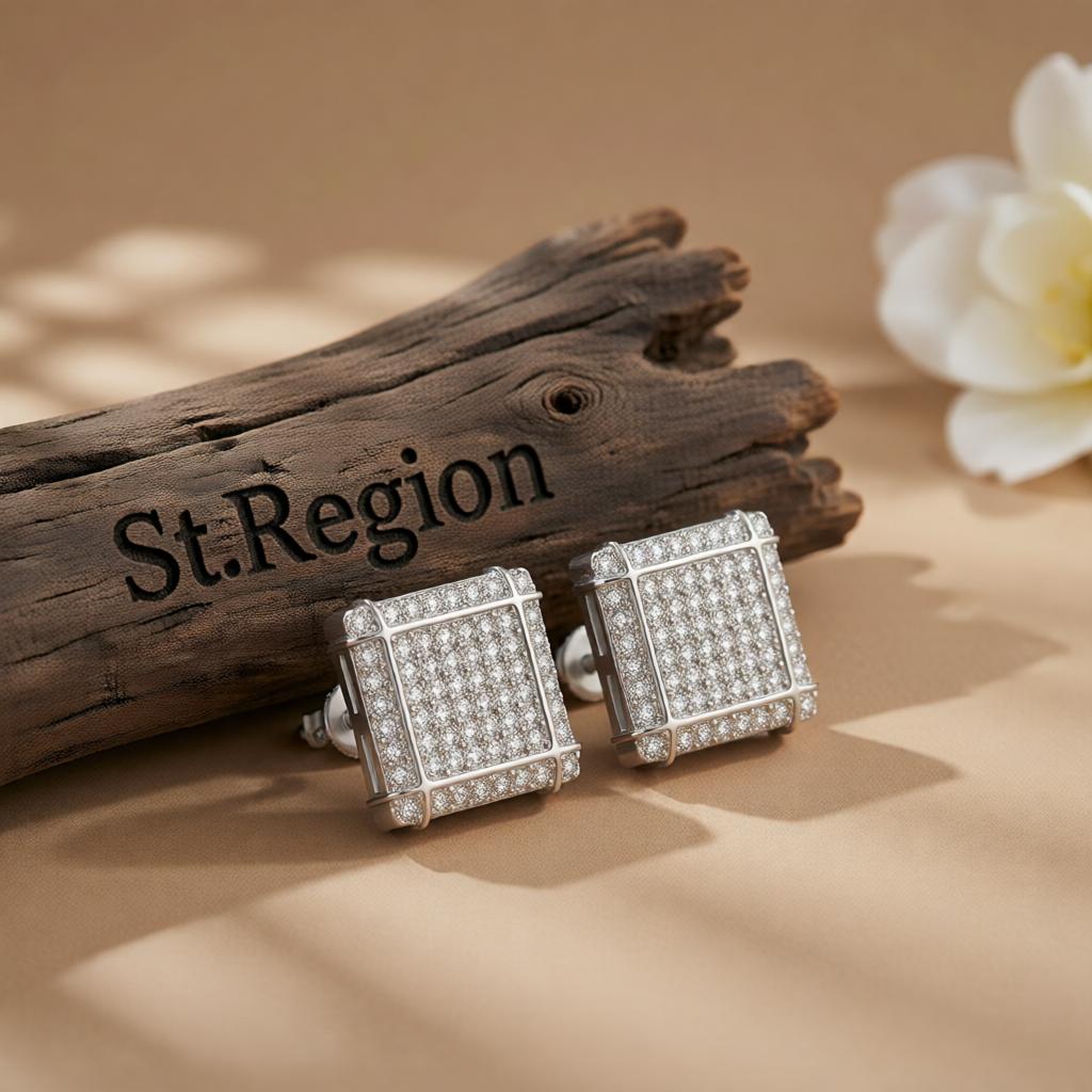 Cubic Zirconia & Silver-Plated Grid Square Stud Earrings