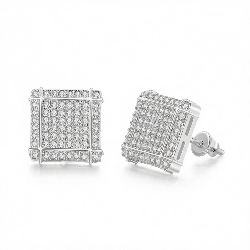 Cubic Zirconia & Silver-Plated Grid Square Stud Earrings