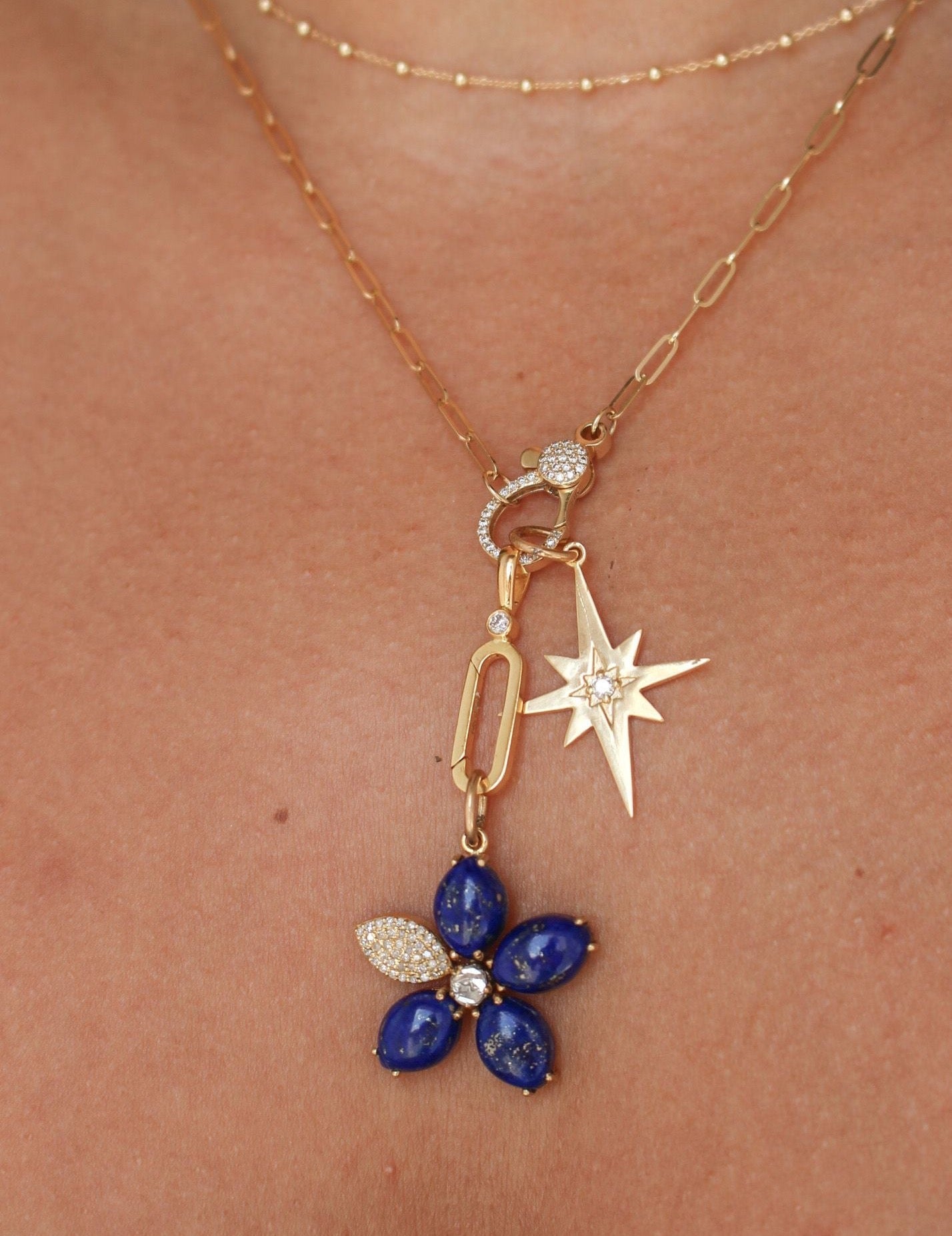 Gold Diamond Lapis Flower Pendant
