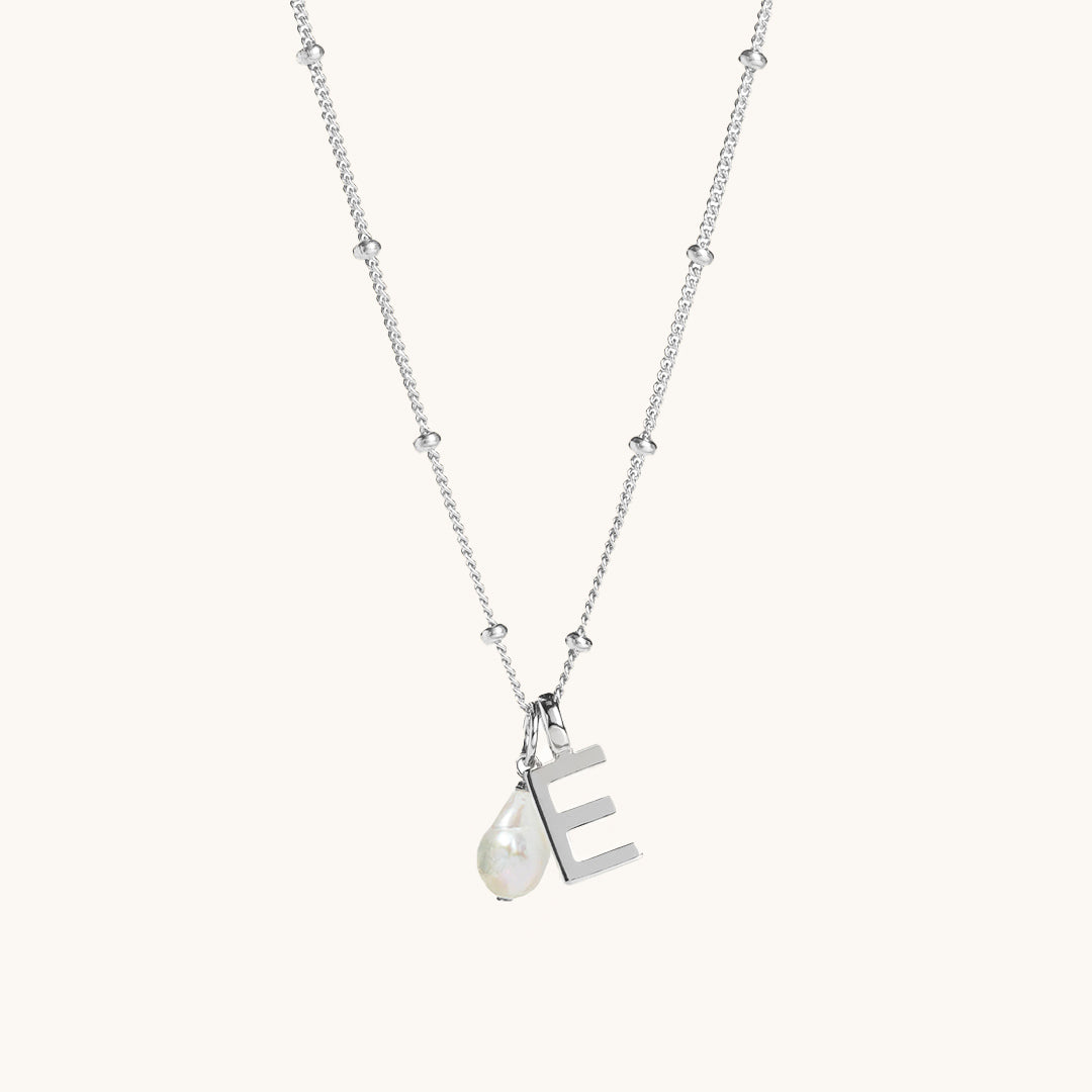 Letter & Freshwater Pearl with Bead Chain Silver