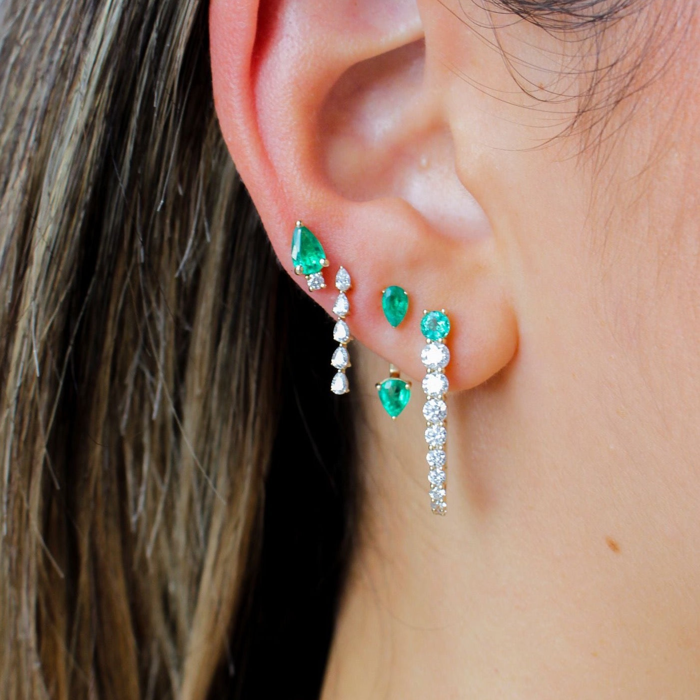 Gold Diamond Pear Shaped Emerald Stud Earring