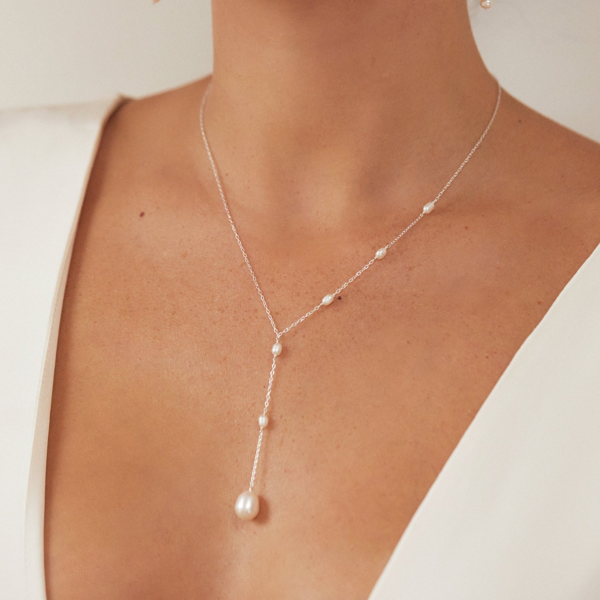 Silver Seed Pearl Lariat Necklace
