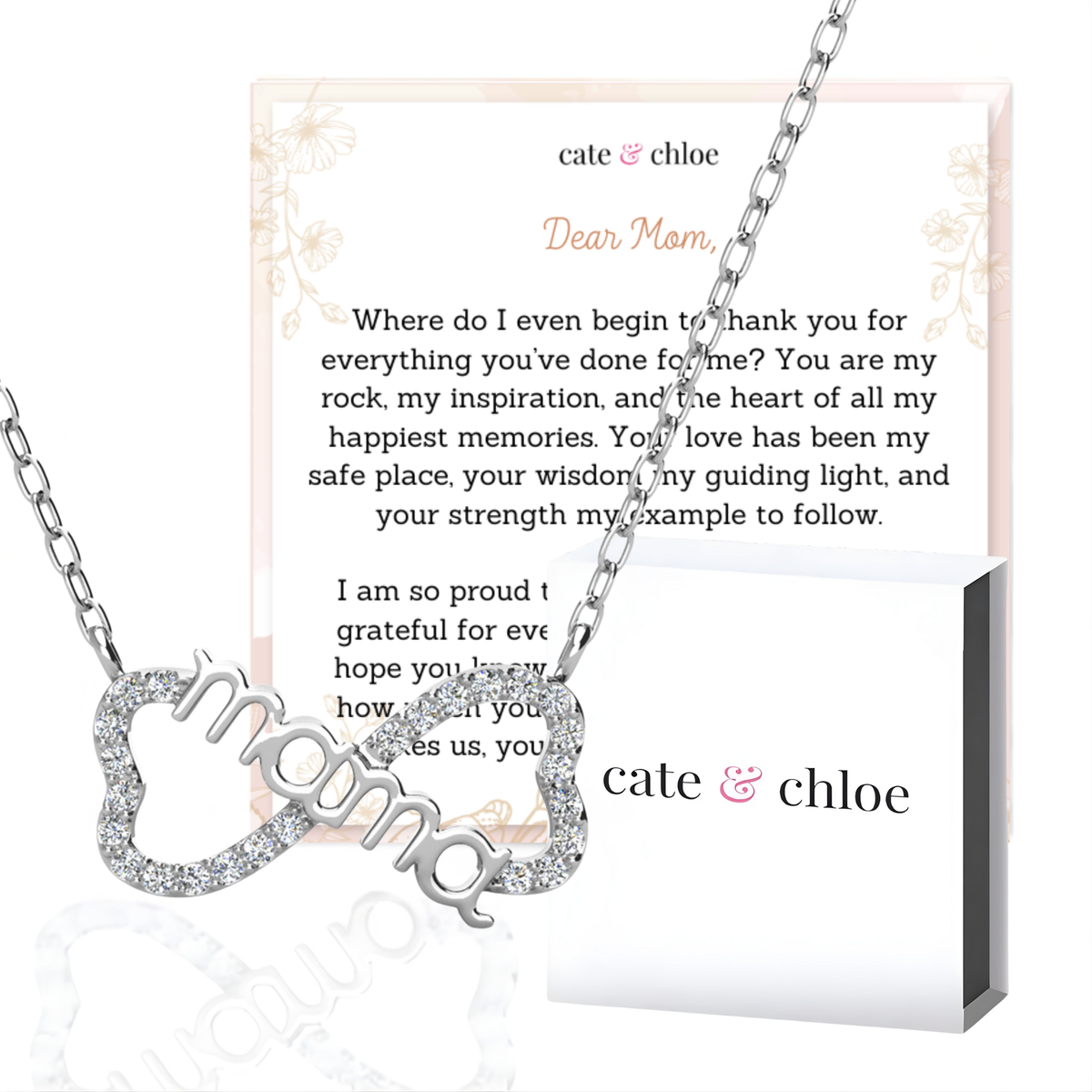 Lisa 18k White Gold Plated Infinity Necklace with Swarovski Crystals & Heartfelt Message for Mom