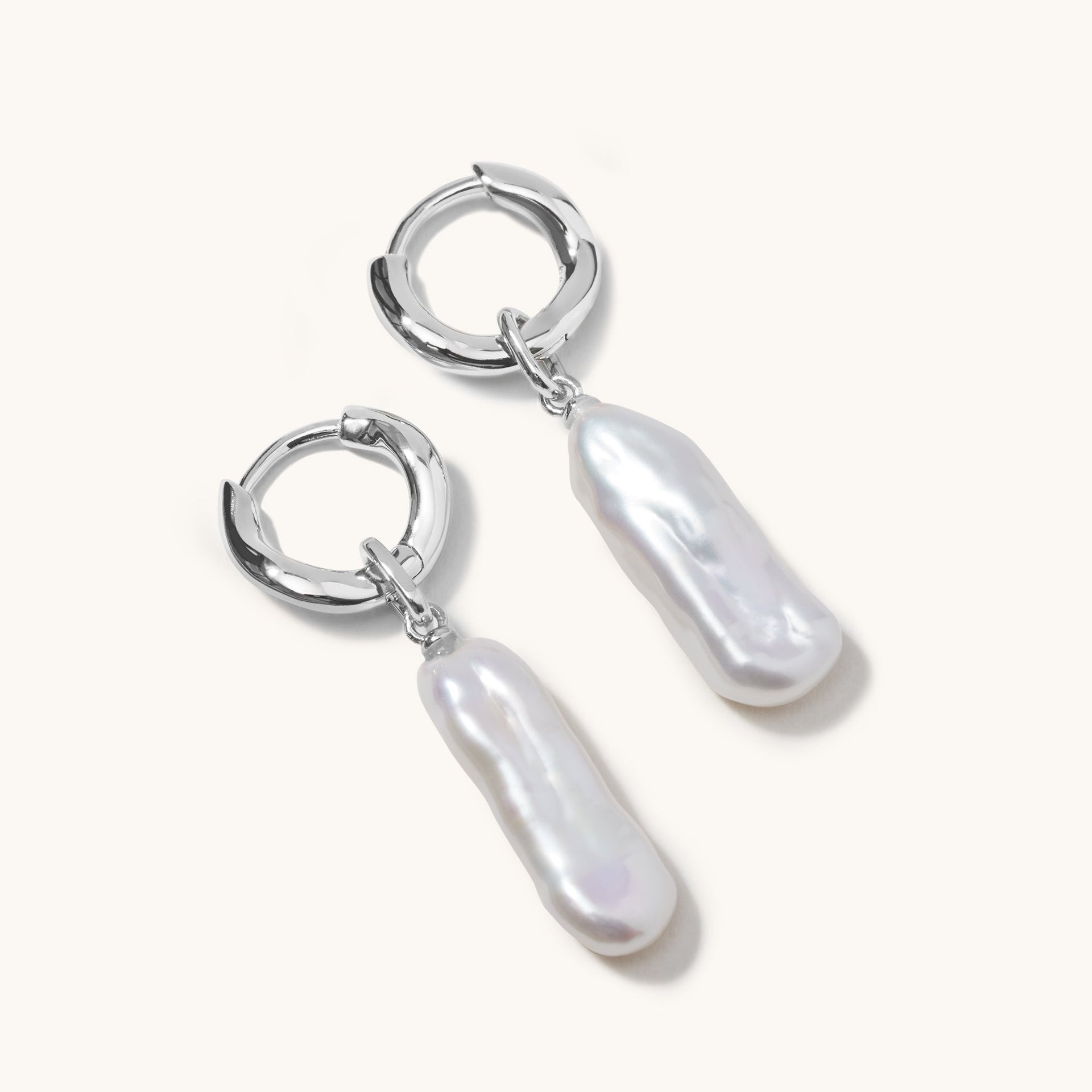 Organic Long Pearl Hoops Silver