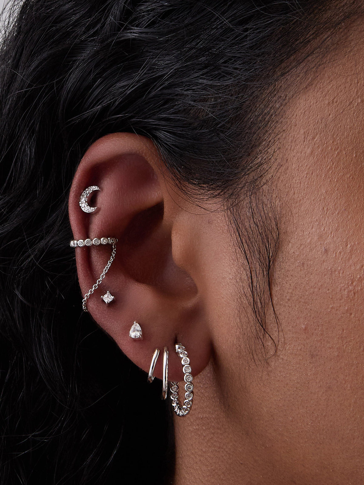 Pave Drop Chain Silver Ear Cuff