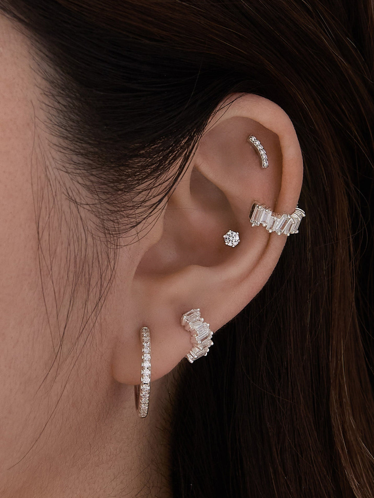 Jagged Baguette Silver 8mm Baby Huggie Earrings