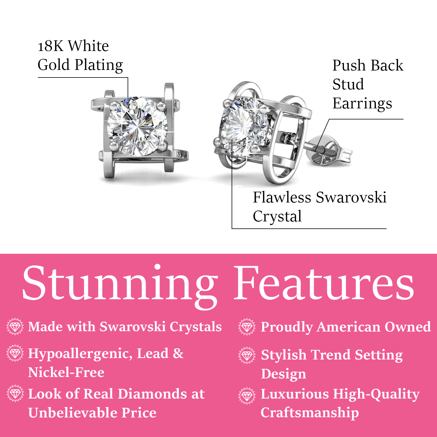 Lorelei 18k White Gold Plated Stud Earrings with Round Swarovski Crystals