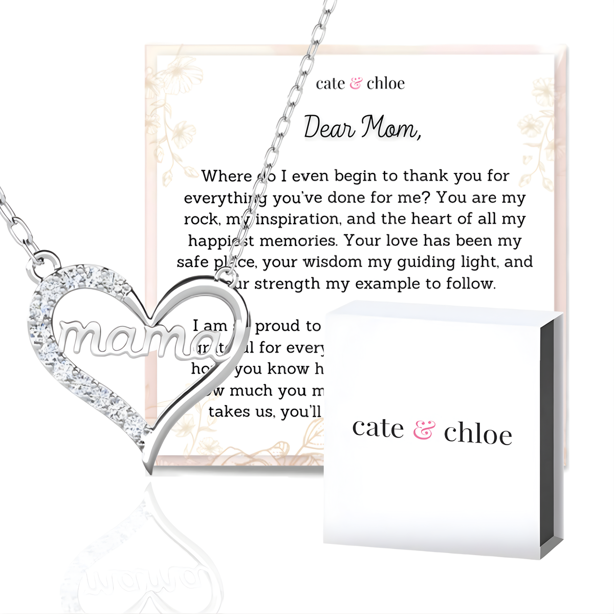Louise 18k White Gold Plated Mama Necklace with Simulated Diamond Crystals & Heartfelt Message for Mom