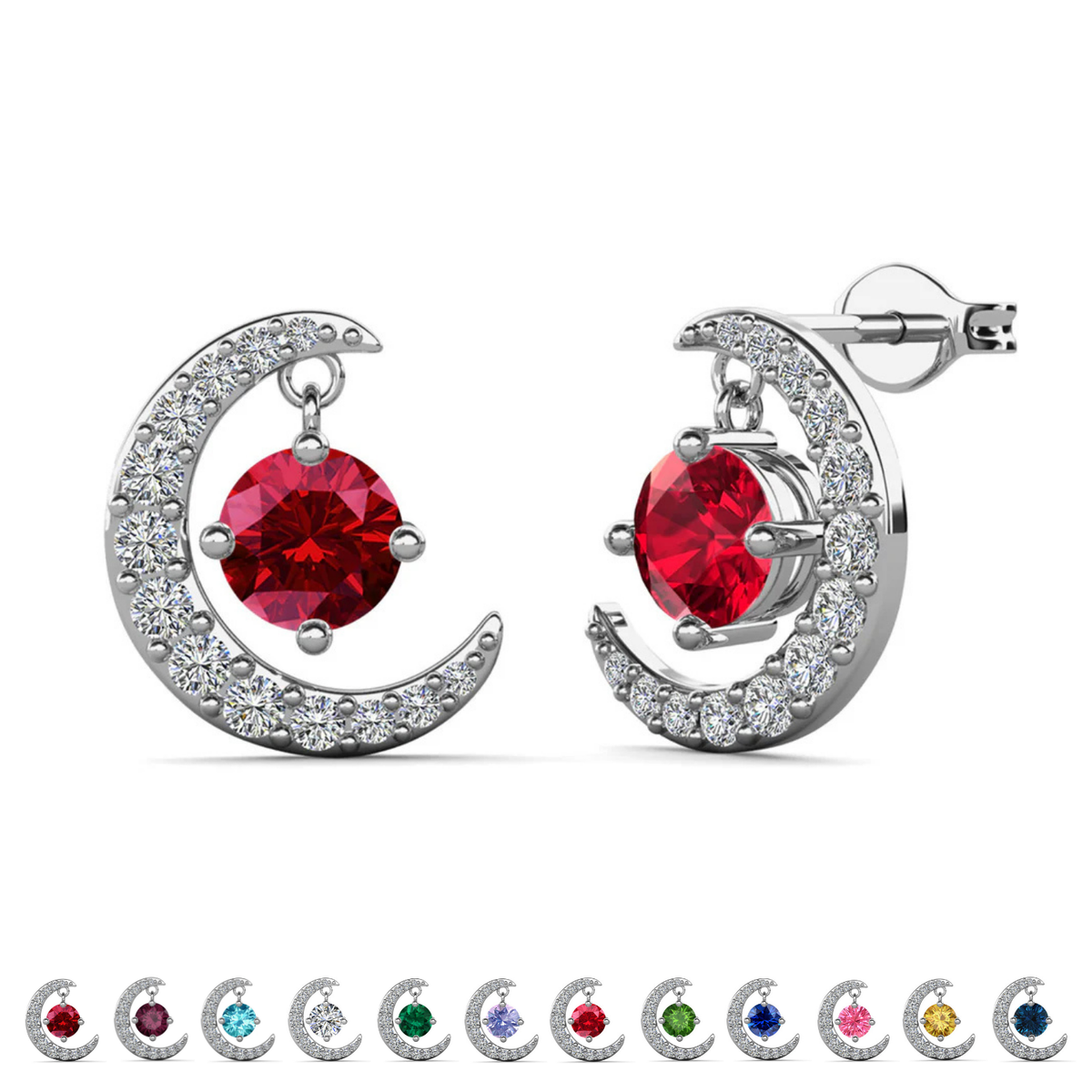 Luna Birthstone 18k White Gold Plated Crescent Stud Earrings with Round Cut Swarovski Crystals