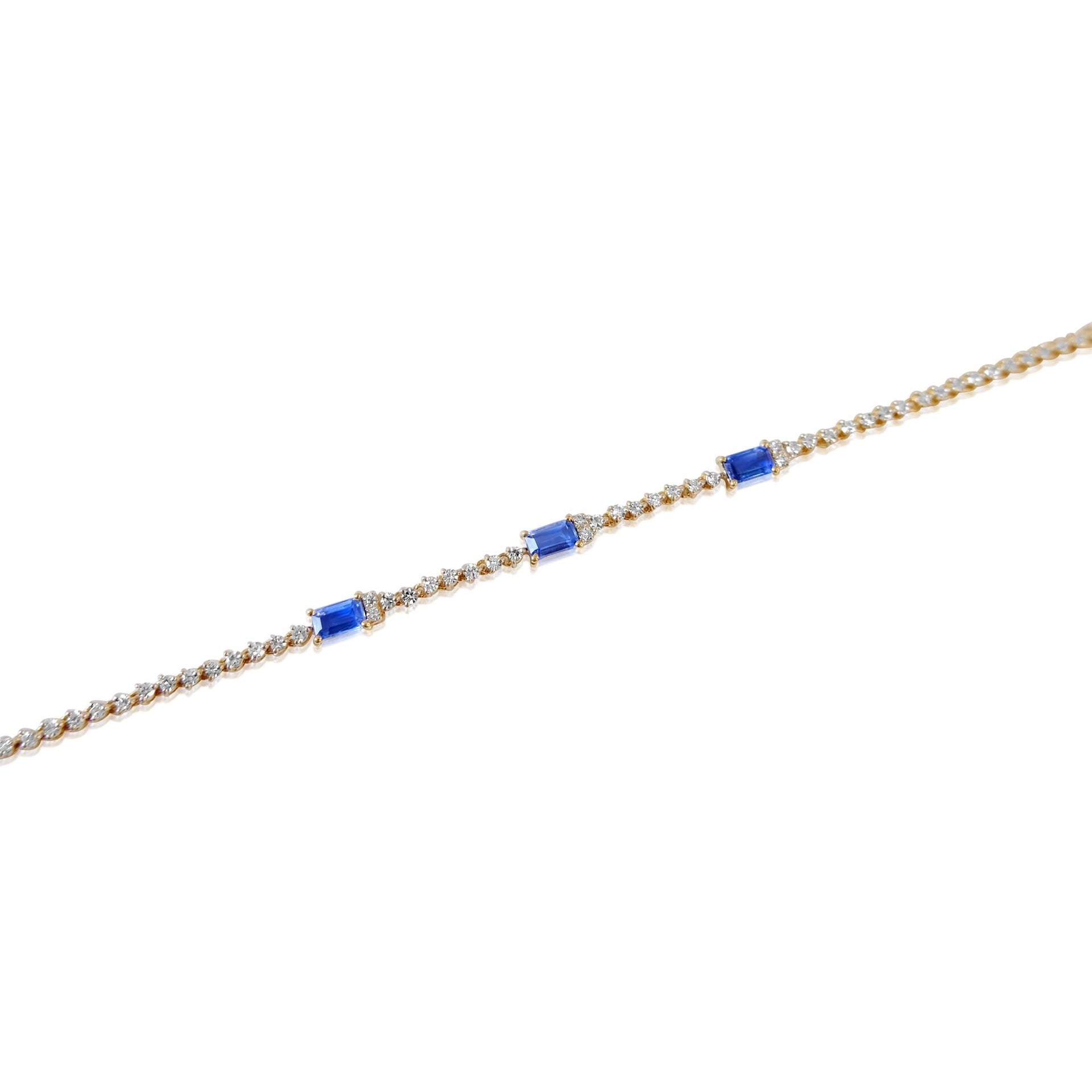 Gold Diamond Rectangle Sapphire Tennis Bracelet