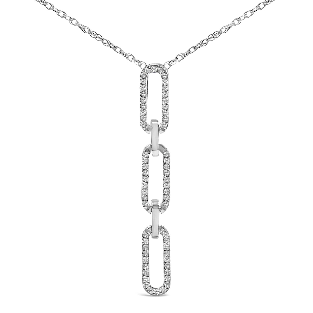 14K White Gold 1/10 Cttw Diamond Triple Paper Clip Pendant Necklace