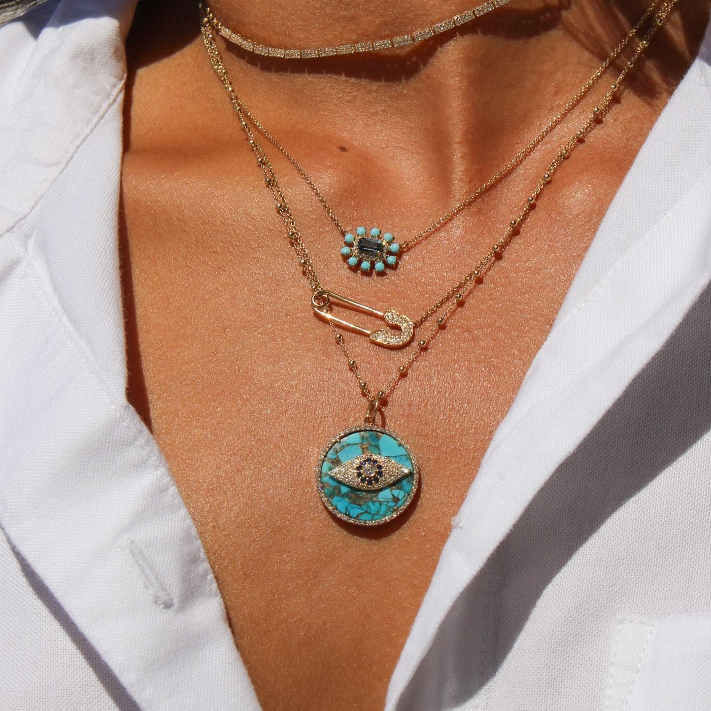 Gold Diamond Blue Topaz Turquoise Flower Necklace