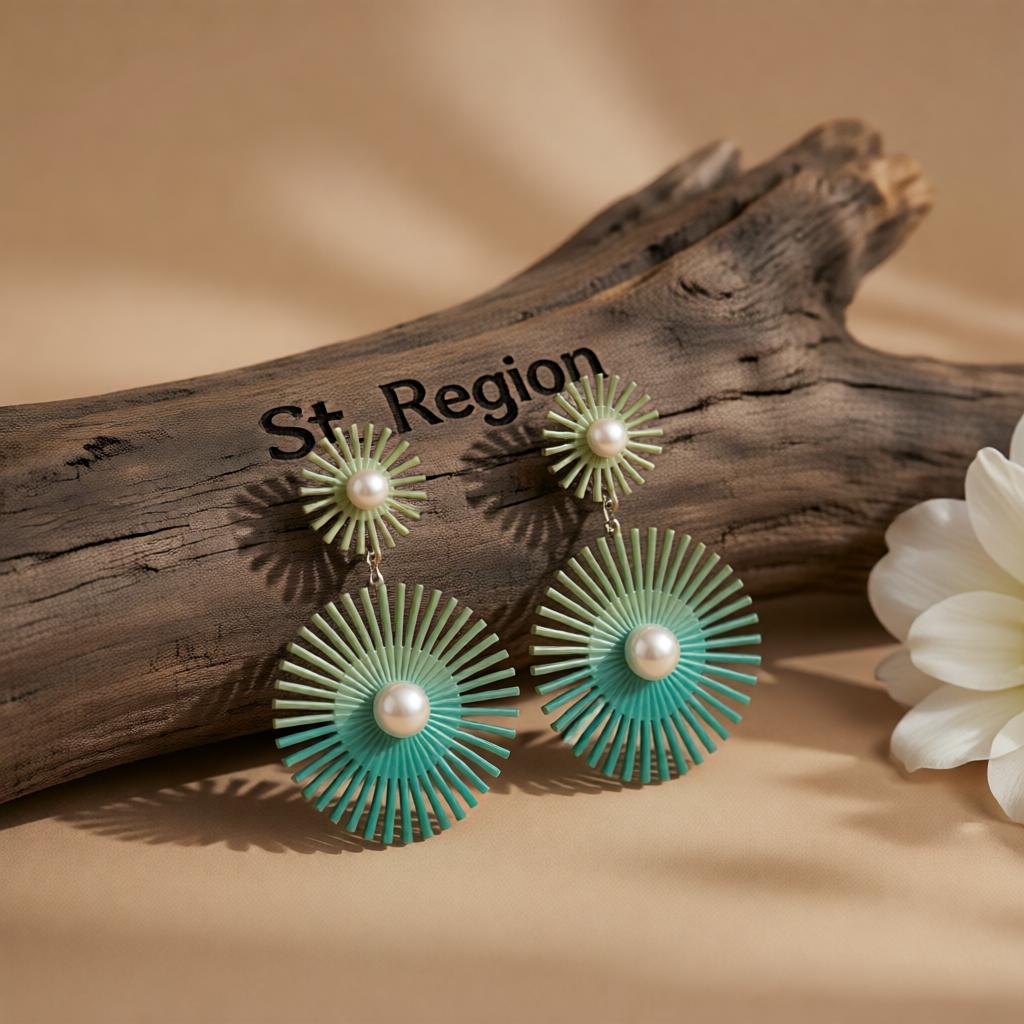 Green Enamel & Pearl Silver-Plated Abstract Botanical Drop Earrings