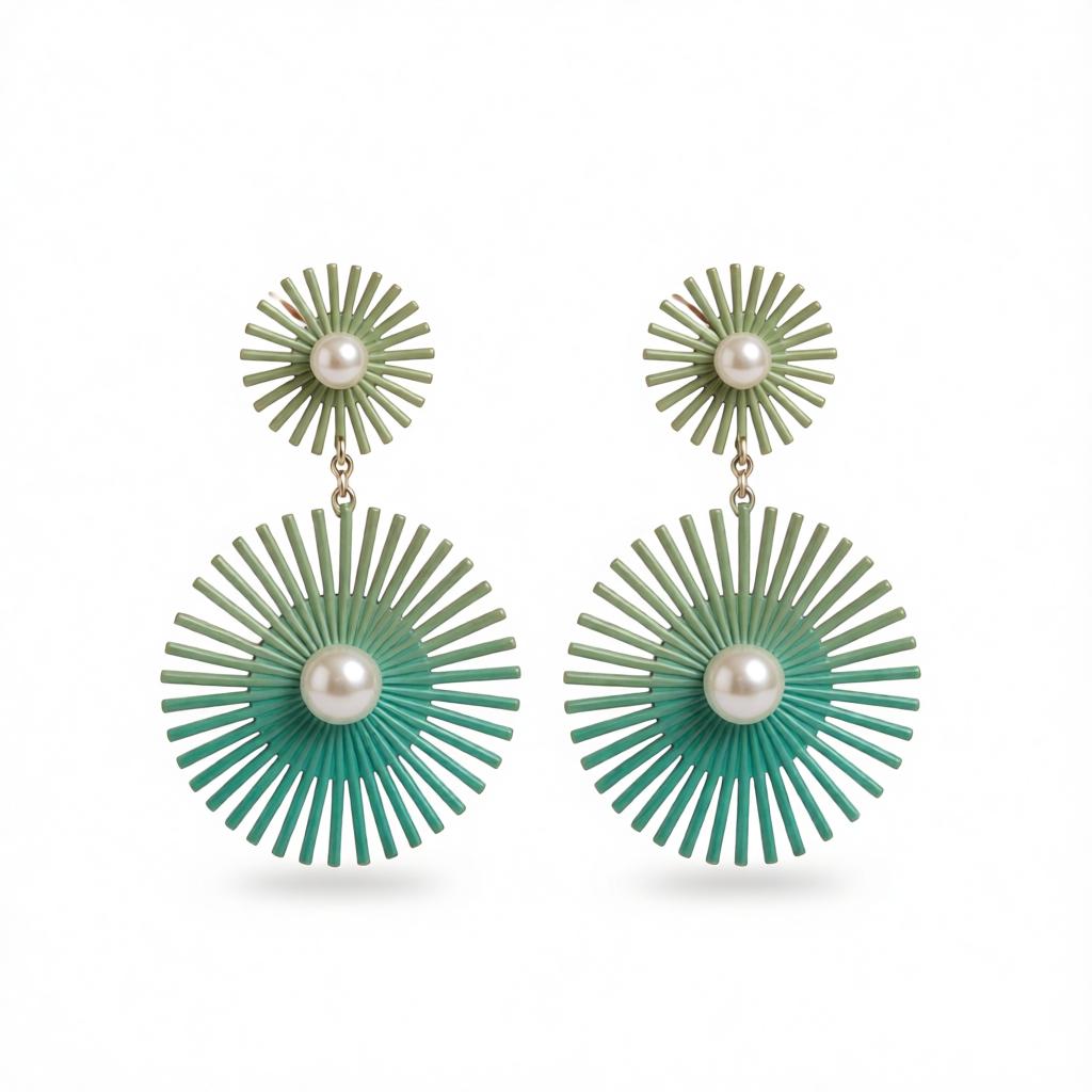 Green Enamel & Pearl Silver-Plated Abstract Botanical Drop Earrings