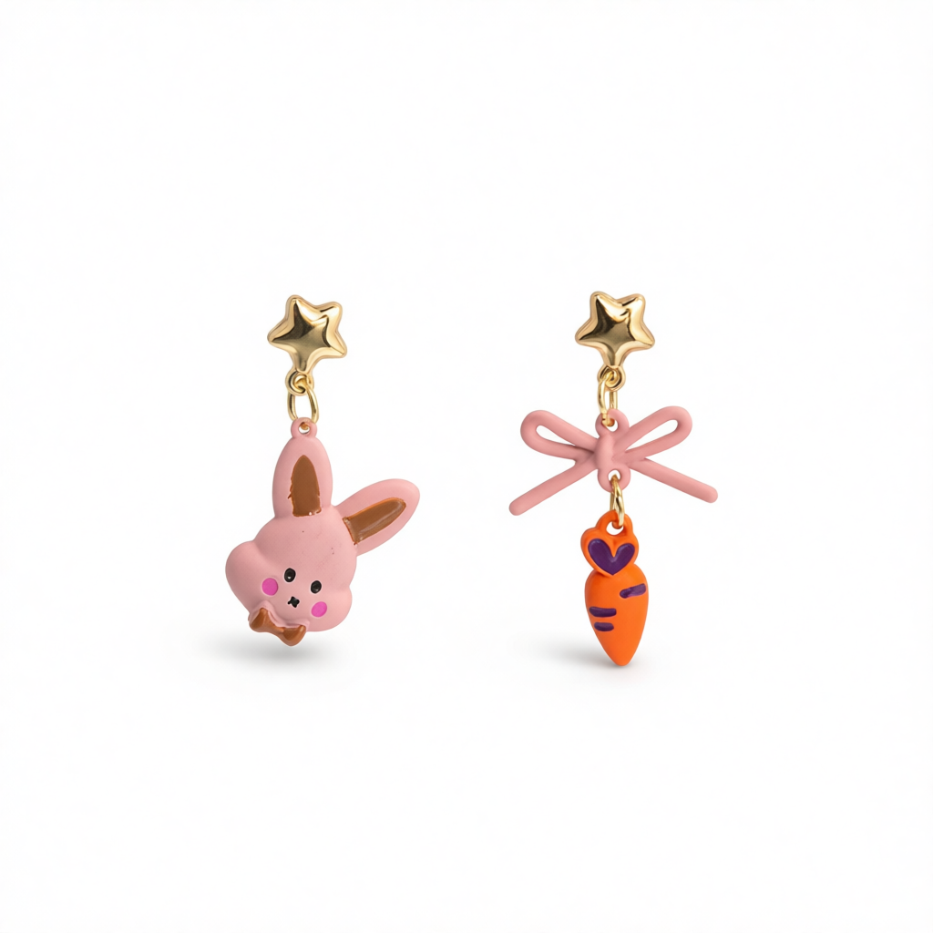Pink & Orange Enamel Star Rabbit Carrot Drop Earrings