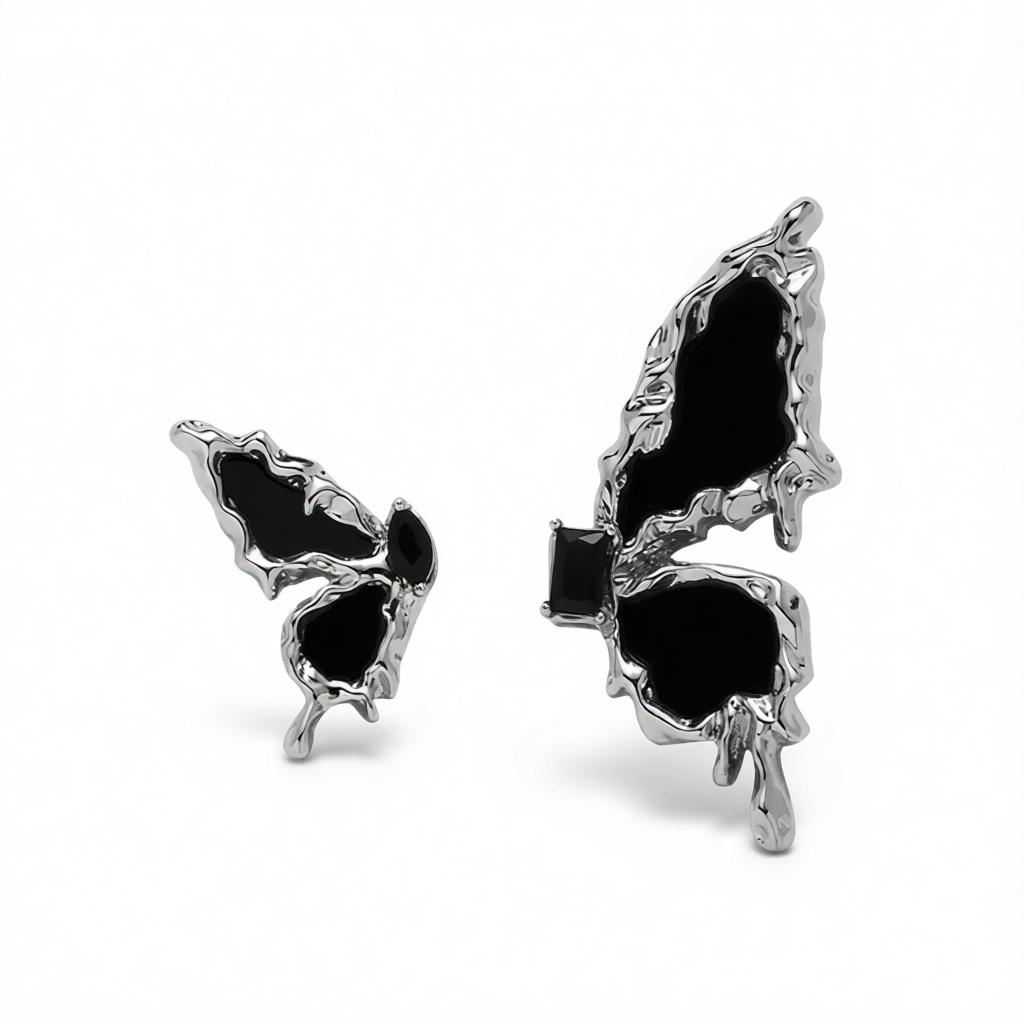 Black Crystal & Enamel Silver-Plated Butterfly Mismatched Stud Earrings
