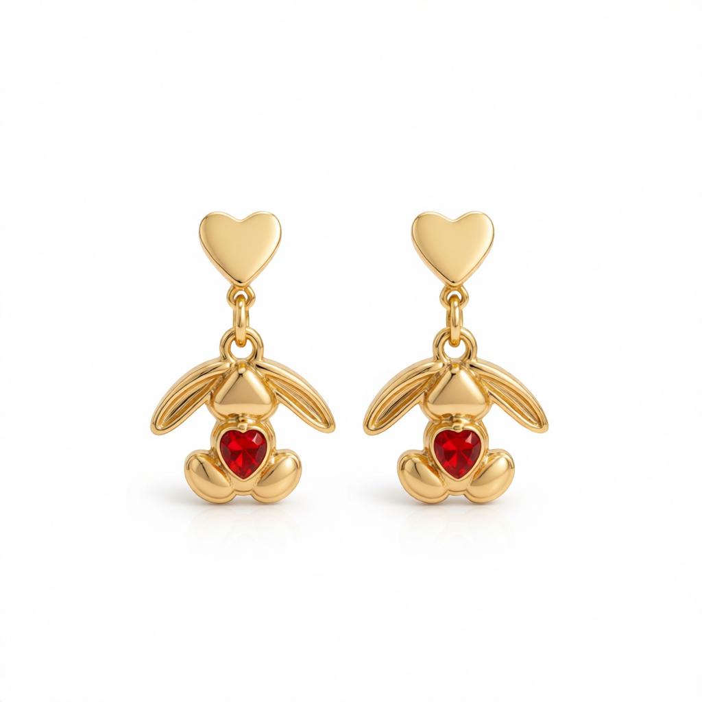Red Crystal & 18K Gold-Plated Heart Rabbit Drop Earrings