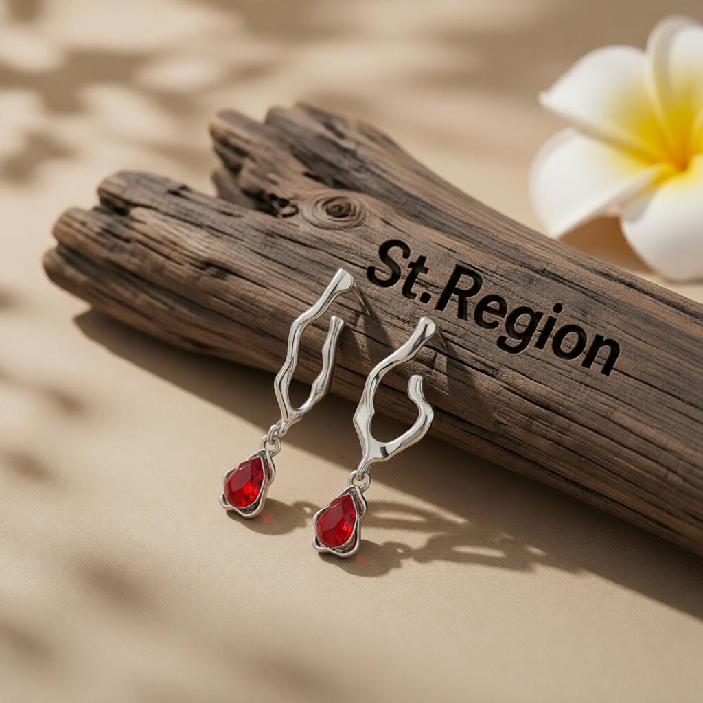 Red Crystal & Silver-Plated Drop Huggie Earrings