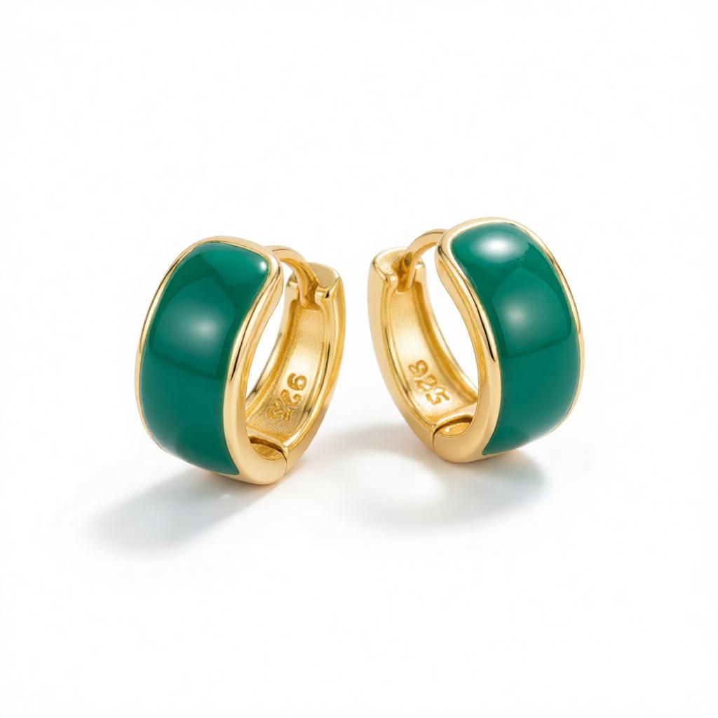 Green Enamel & 18K Gold-Plated Huggie Earrings