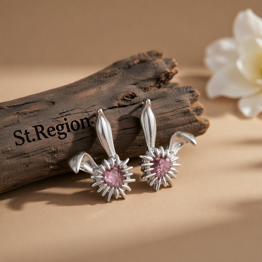 Crystal & Silver-Plated Heart Rabbit Stud Earrings
