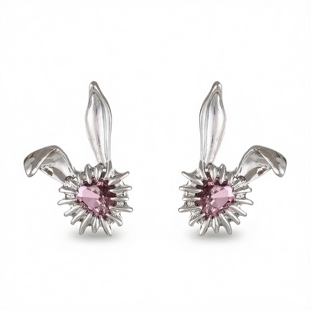 Crystal & Silver-Plated Heart Rabbit Stud Earrings