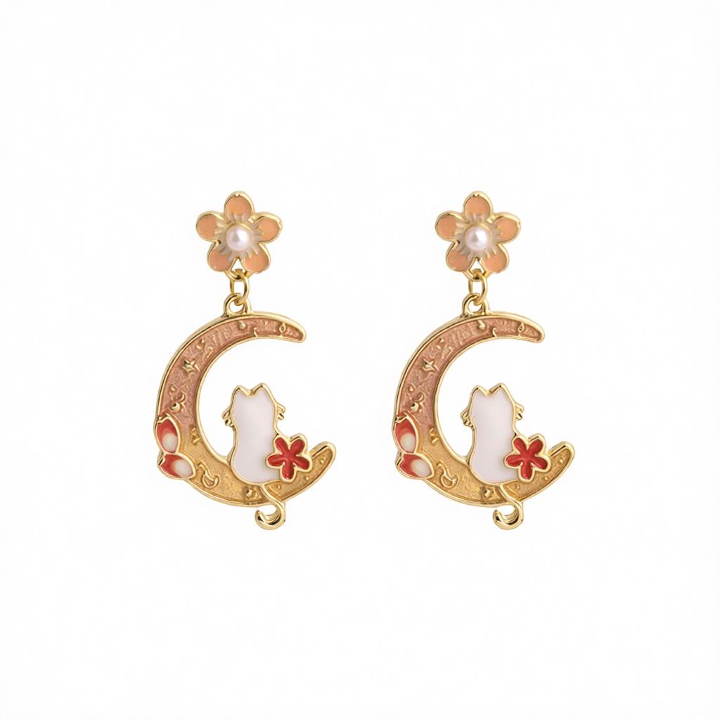 Light Peach Enamel & Pearl Flower Cat Moon Drop Earrings