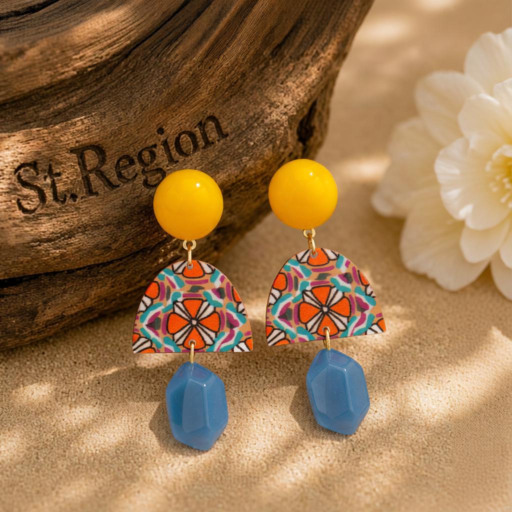 Yellow & Blue Resin Geometric Drop Earrings