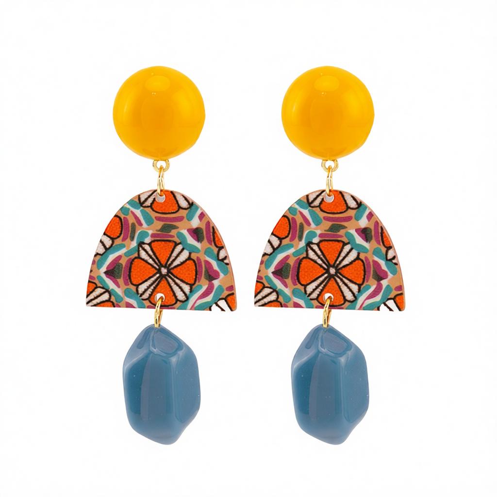 Yellow & Blue Resin Geometric Drop Earrings