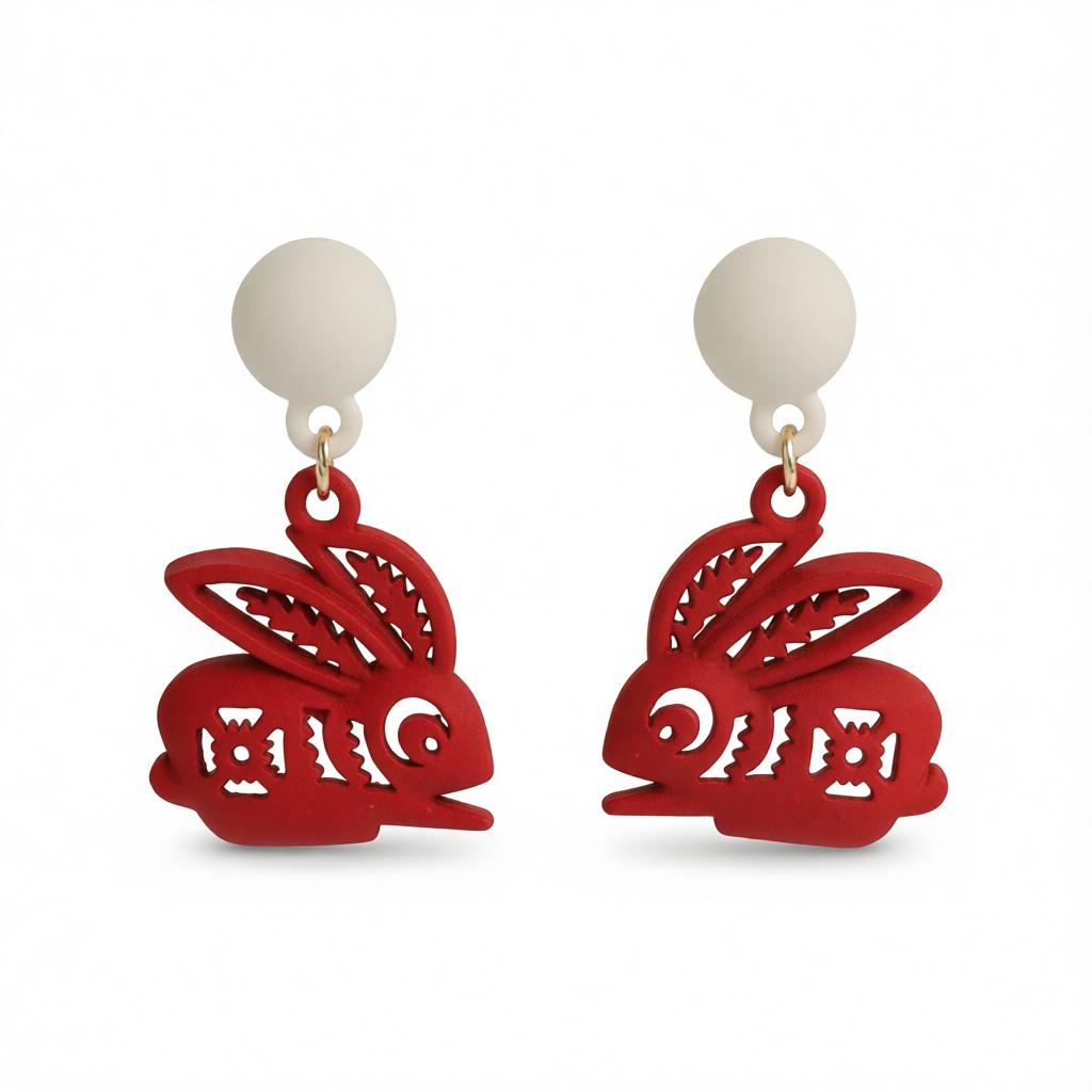 Red Enamel & Silver-Plated Abstract Rabbit Drop Earrings