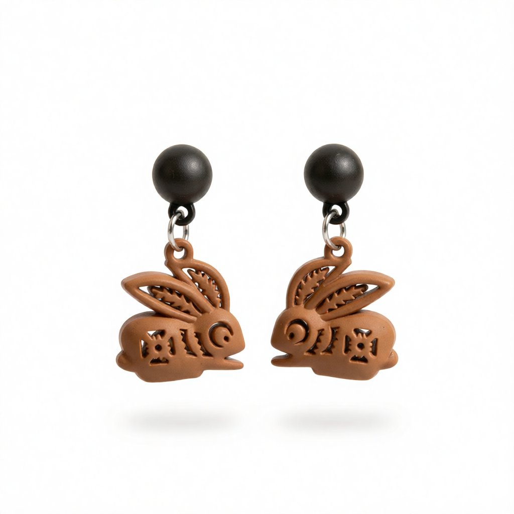 Coffee Enamel & Silver-Plated Rabbit Drop Earrings