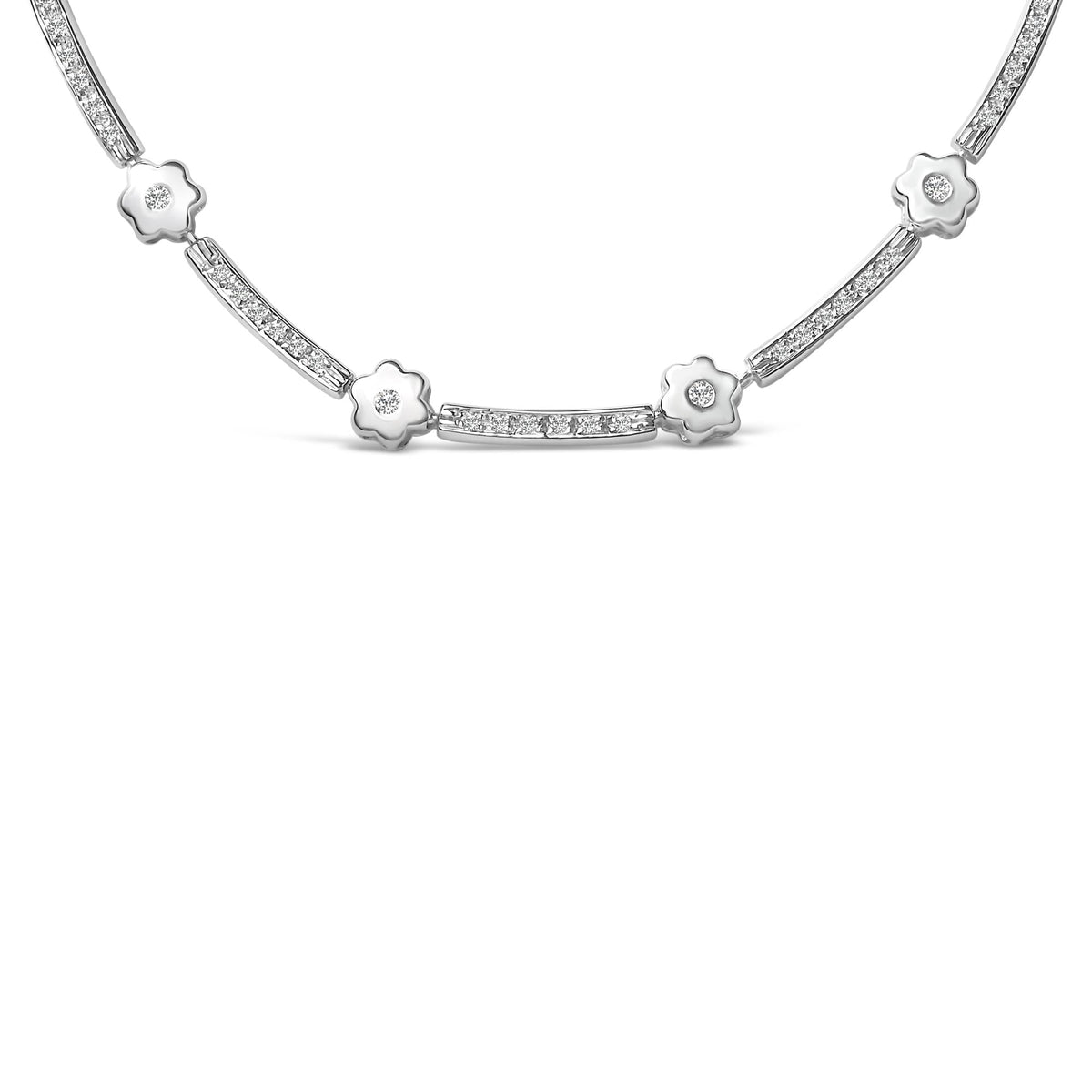 14K White Gold 1.0 Cttw Diamond Flower and Bar Station Necklace