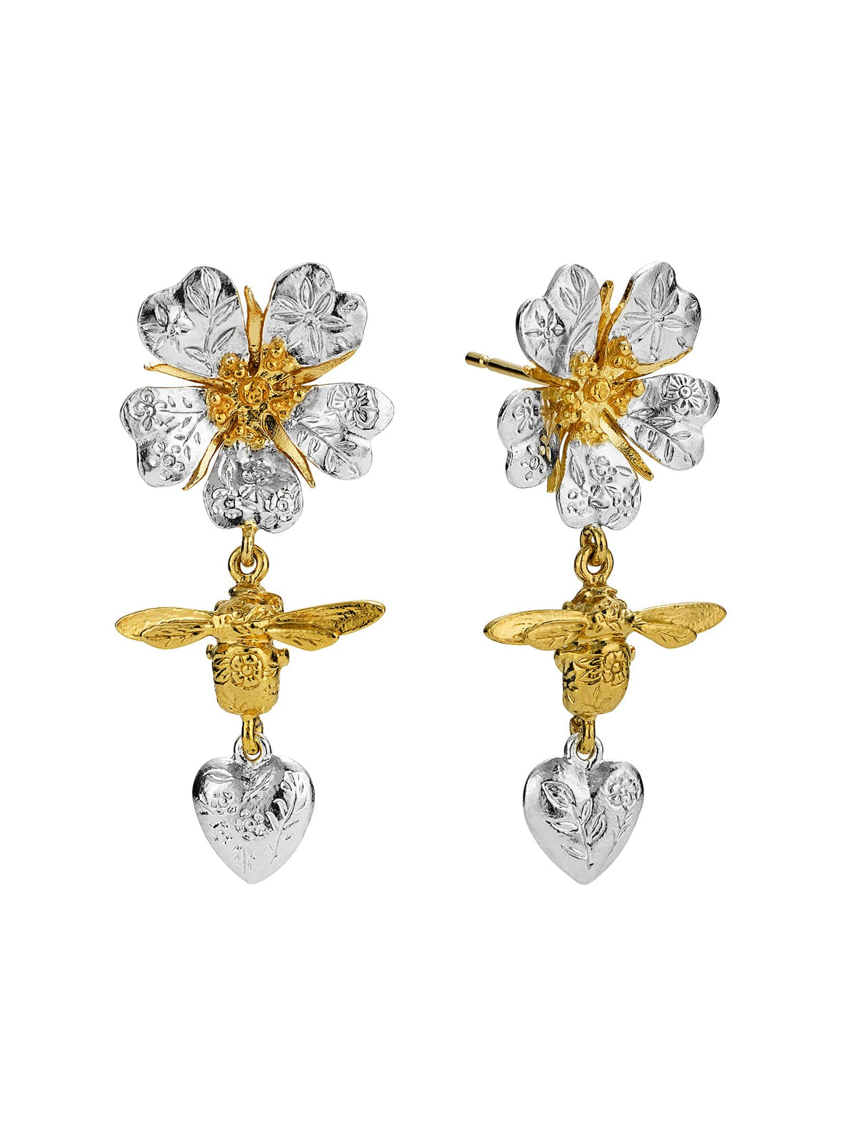 Floral Engraved Wild Rose, Bee & Heart Drop Earrings