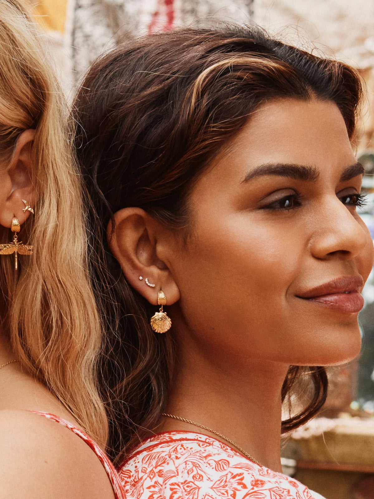 Basket Weave Huggie Hoop Earrings with Floral Engraved Scallop Shell Drops