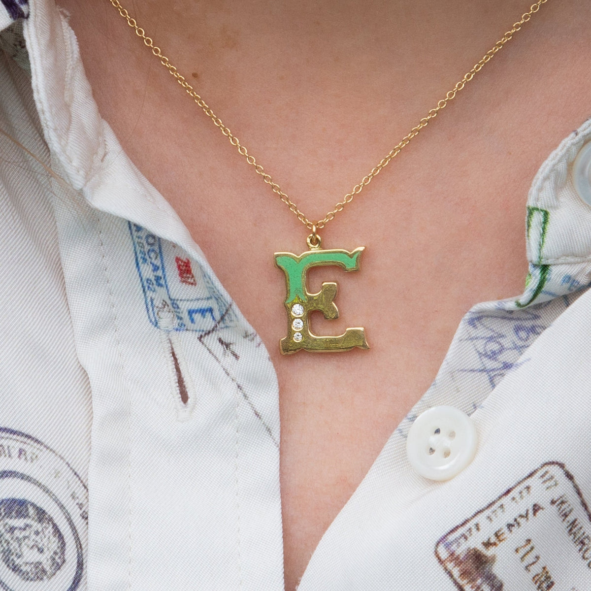 18ct Enamelled Letter E Necklace